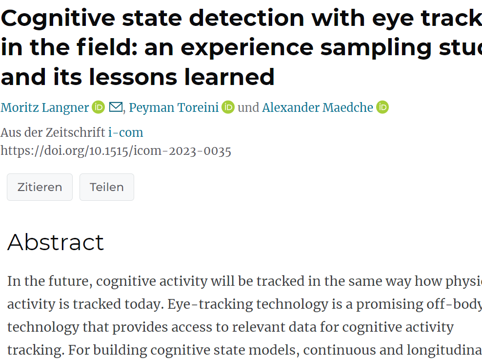 New Publication:  Cognitive state detection with eye tracking in the field: an experience sampling study and its lessons learned 