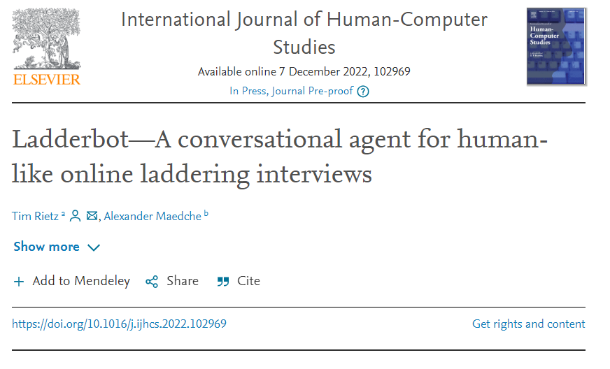 New Publication in IJHCS: Ladderbot - A Conversational Agent for Human-like Online Laddering Interviews
